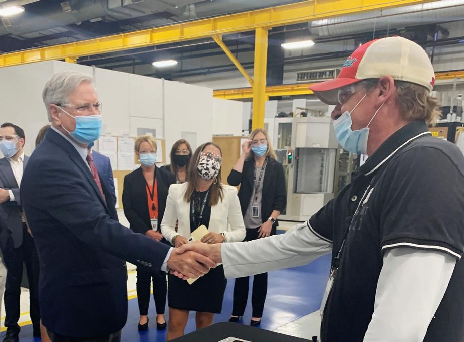 June 2021 - Senator Hoeven meets with employees at Collins Aerospace in Jamestown.