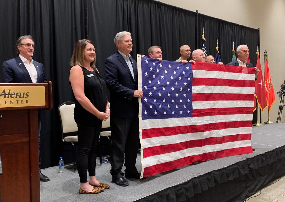 June 2021 - Senator Hoeven commends the service of 225 members of the North Dakota National Guard’s 1st Battalion of the 188th Air Defense Artillery at a send-off ceremony in Grand Forks.
