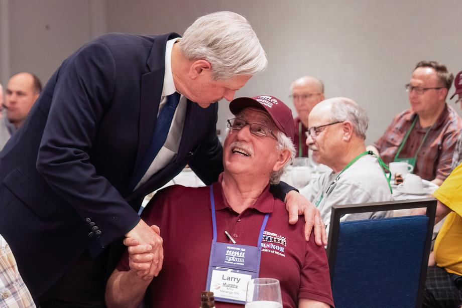May 2023 - Senator Hoeven greets veterans of the Korean and Vietnam Wars while they visit Washington, D.C. with the ND/MN Honor Flight.