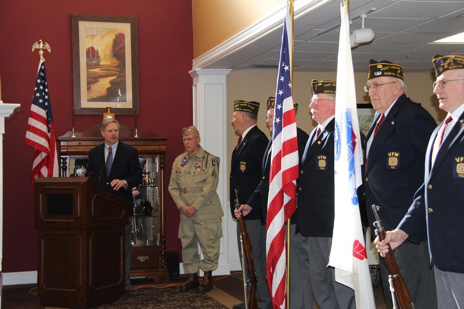 Merle McMorrow Medal Presentation Ceremony-February, 2013- Senator Hoeven presents Merle McMorrow, a lifelong resident of Fargo, with the French Legion of Honor medal. McMorrow was honored by the French government for his extraordinary bravery in helping liberate France. 