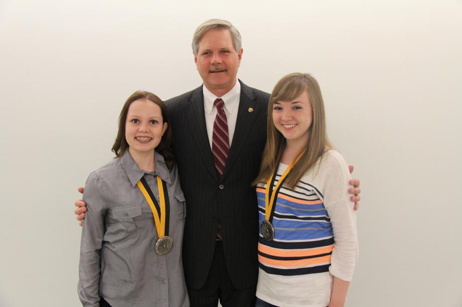 Prudential Spirit of Community Winners-May, 2013- Senator Hoeven congratulates North Dakota's Prudential Spirit of Community winners. Nicolette Cariveau and Lyndsey Scheurer are being honored for their community service.
