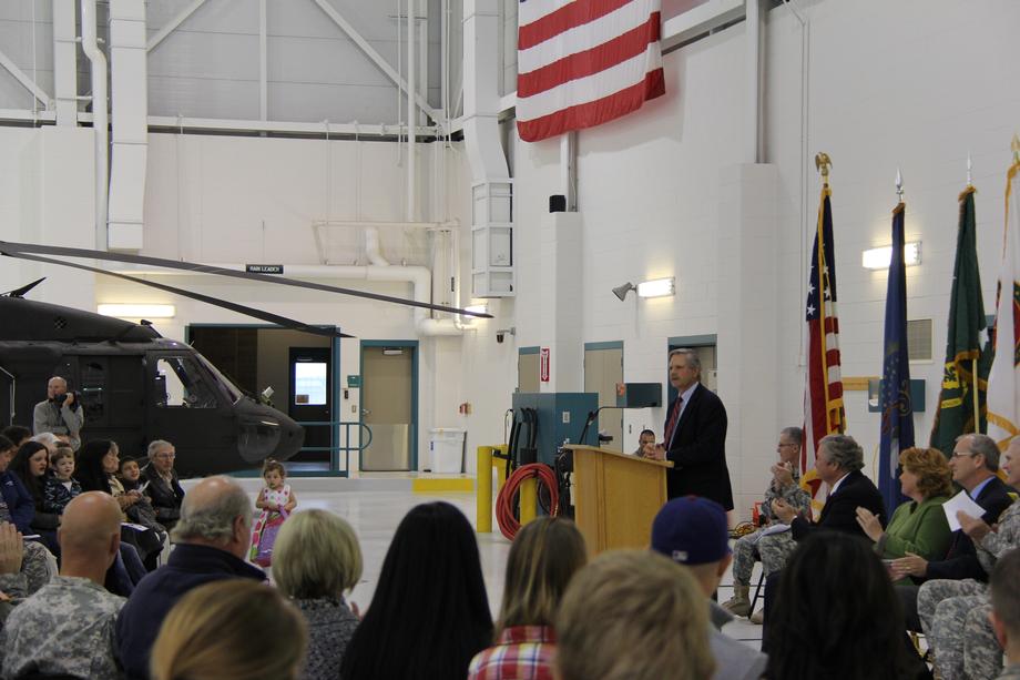 NDNG 2-285th Aviation Regiment Send-Off Ceremony-October 2013- Senator Hoeven speaks at the send-off ceremony for the C Company, 2nd Battalion, 285th Aviation Regiment of the North Dakota National Guard (NDNG) in Bismarck. 