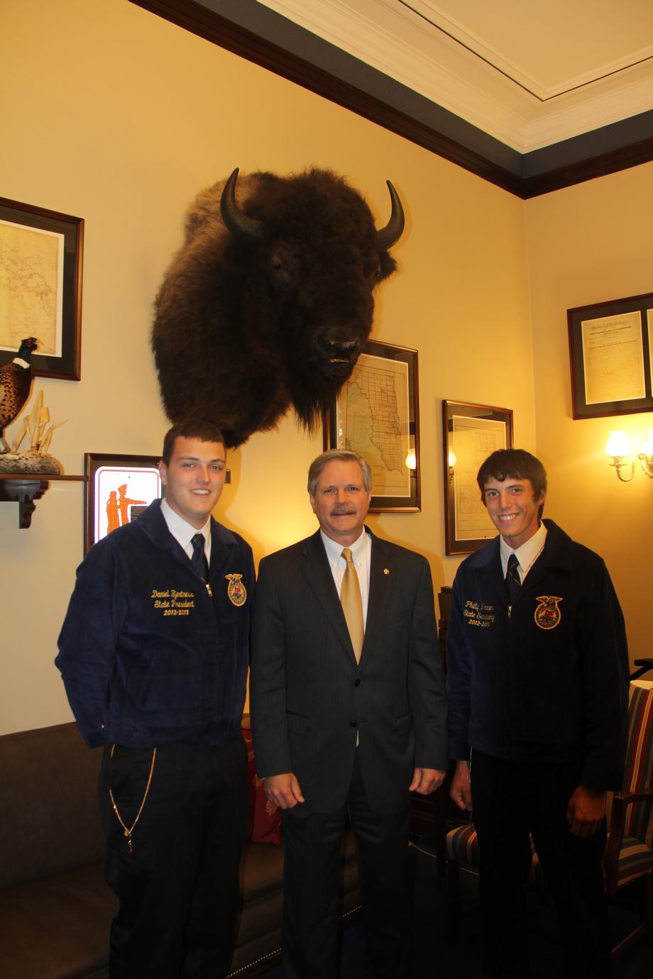 North Dakota FFA Representatives-July, 2012- Senator Hoeven meets with  two of North Dakota's FFA Representatives, State President Daniel Bjertness of Kindred (left), and State Secretary Phillip Wanner of Wishek.