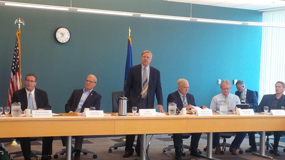Farm Bill Implementation Roundtable-August 2014- Senator Hoeven hosts Michael Scuse, USDA Under Secretary for Farm and Foreign Agricultural Services, at a farm bill roundtable with state and local officials and agriculture groups. Hoeven invited Scuse to North Dakota to meet with North Dakota producers and pressed USDA to work with the state’s farmers and ranchers as they finalize rules for farm bill programs. Hoeven convened the roundtable to help keep North Dakota farmers and ranchers included in the implementation process and informed about farm bill resources, like a new safety net decision aid tool developed by North Dakota State University (NDSU).