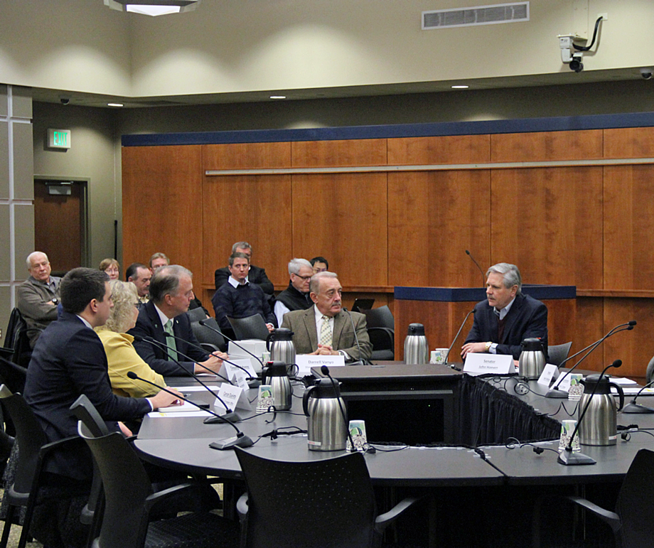 Fargo Permanent Flood Protection Project Roundtable -December 2015 - Senator Hoeven leads a roundtable in Fargo with local leaders to plan the path forward for Fargo-Moorhead's permanent flood protection project. 