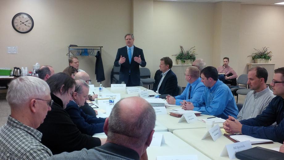 Grafton Flood Meeting-February 2014- Senator Hoeven leads a meeting in Grafton to help advance a flood protection plan for the city. 