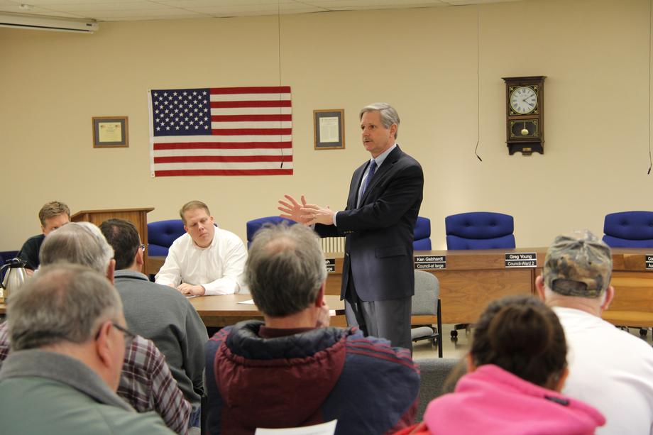 Grafton Flood Meeting-January 2014- Senator Hoeven holds a meeting with community and business leaders in Grafton about his work to keep flood insurance premiums affordable. 