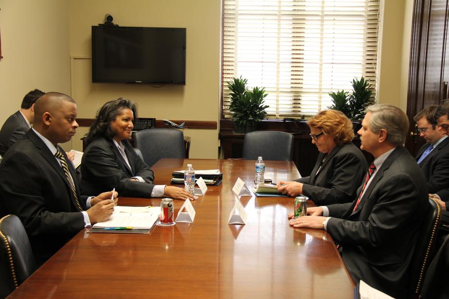 Meeting with DOT Secretary Foxx-January 2014- Senator Hoeven meets with Department of Transportation Secretary Anthony Foxx and Pipeline and Hazardous Materials Safety Administration (PHMSA) head Cynthia Quarterman to discuss steps the DOT is taking to improve railway transportation safety and to follow up on a letter Hoeven wrote requesting Quarterman expedite rules governing construction of new, safer tanker cars. 