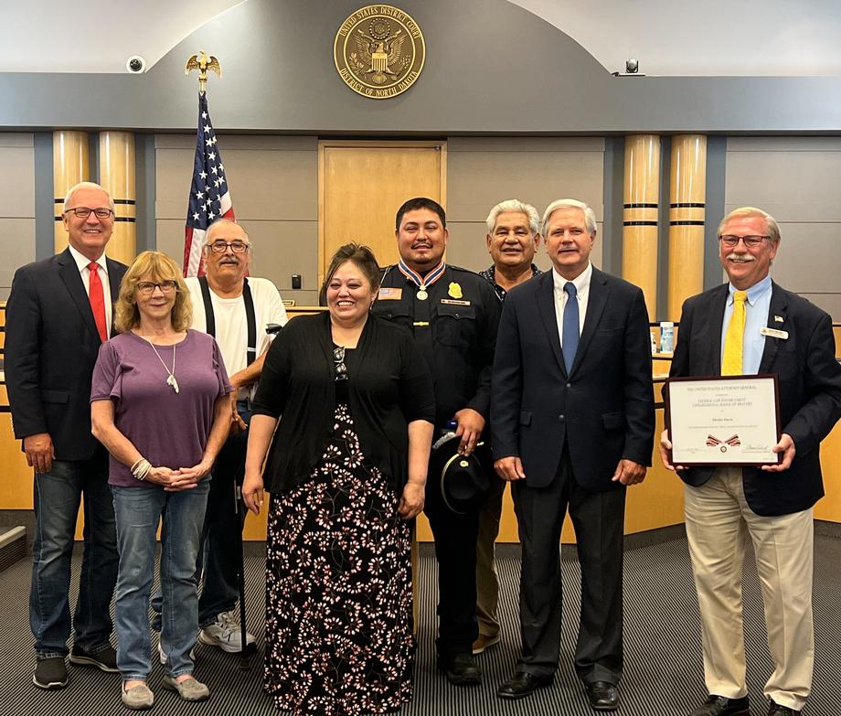 August 2022 - Senator Hoeven and Senator Cramer present the Congressional Badge of Bravery to Bureau of Indian Affairs law enforcement officer Dexter Davis for his exceptional acts of bravery while serving on the Standing Rock Indian Reservation.