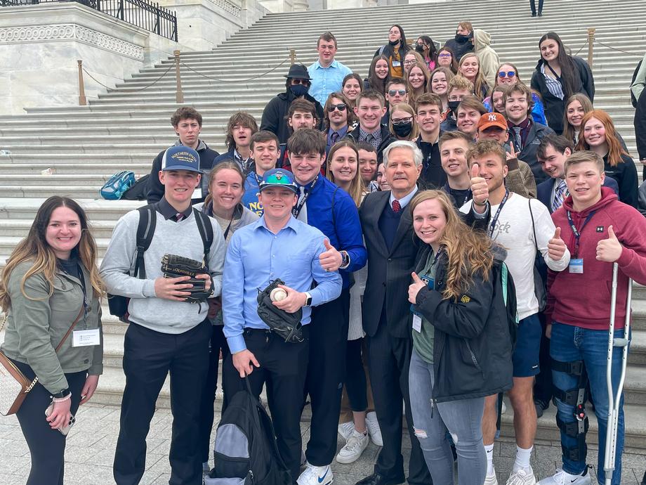 March 2022 - Senator Hoeven meets with North Dakota students on the Senate steps.