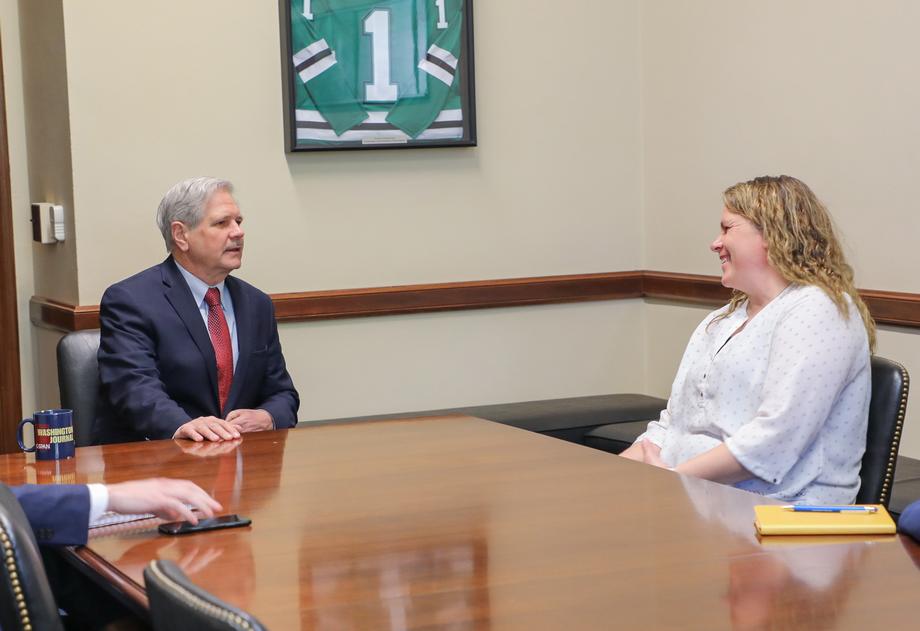 April 2022 - Senator Hoeven sits down with North Dakota rancher, Shelly Ziesch ahead of a Senate Ag Committee hearing.