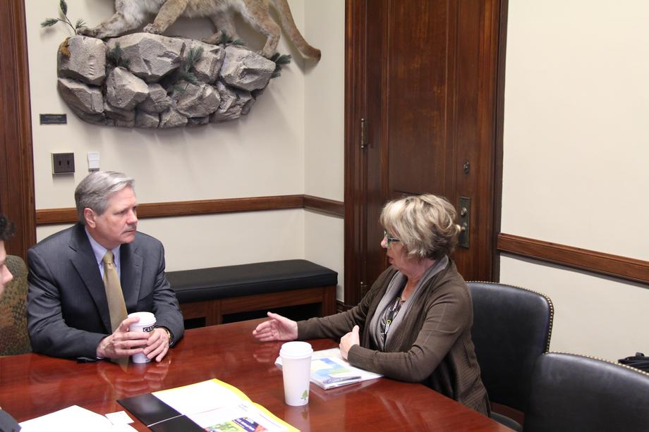 ND Geographic Alliance-February 2016 - Senator Hoeven meets with Marilyn from the ND Geographic Alliance, which promotes the importance of geographic skills and fluency 