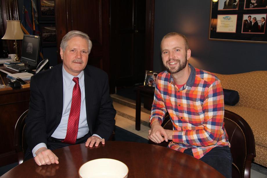 State of the Union Guest Greg Tehven-January 2016 - Senator Hoeven talks with Greg Tehven of Fargo, Executive Director and co-founder of Emerging Prairie, who was his guest at President Barack Obama's State of the Union Address. Emerging Prairie is a digital-media company that highlights startups, technology and innovation and supports the region's entrepreneurial activities by operating a wide variety of events and initiatives, such as Drone Focus, the Prairie Den co-working space and 1 Million Cups (1MC) Fargo, the largest and most active 1MC program in the country.