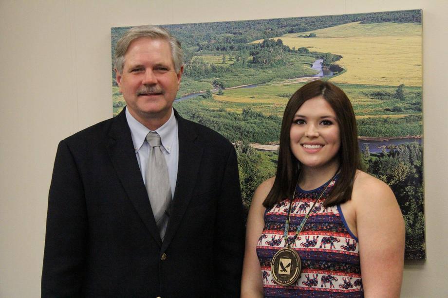 UNITY Earth Ambassador Leader-August 2015 - Senator Hoeven meets Kristine Baker of the Turtle Mountain Band of Chippewa Indians. Kristine has been named to the 2015 class of the UNITY Earth Ambassadors Leadership Program, and works to promote a clean environment and a healthy community