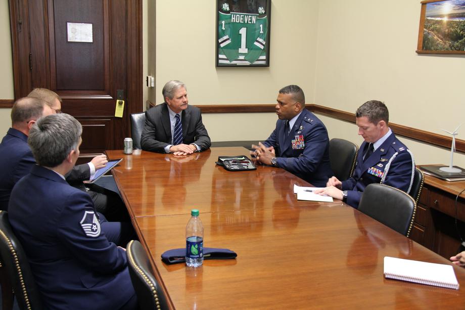 U.S. Air Force Visit-July 2015 - Hoeven meets with MG Clark to discuss B-52s and MSgt Nancy Auger of Minot Air Force Base who was named 8th AF Outstanding Sr NCO of the Year