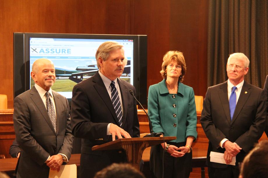 Press Conference on UND Selection as FAA Center of Excellence for Unmanned Aircraft Systems  -May 2015 - Hoeven pledges to continue support for a newly-designated FAA Center of Excellence for Unmanned Aircraft Systems (UAS) that will research and develop technologies and policies for the use of UAS in the United States