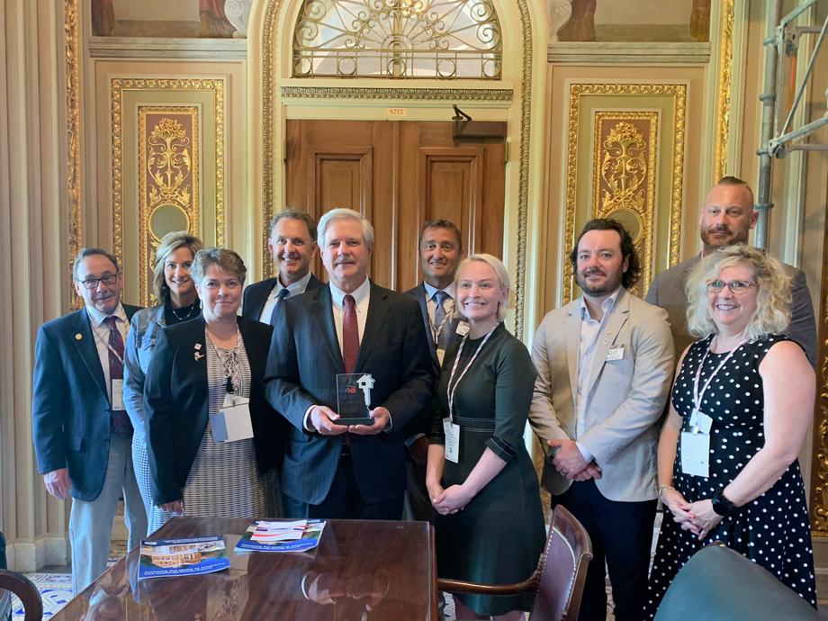 June 2022 - Senator Hoeven discusses efforts to make building materials available with members of the ND Association of Home Builders.