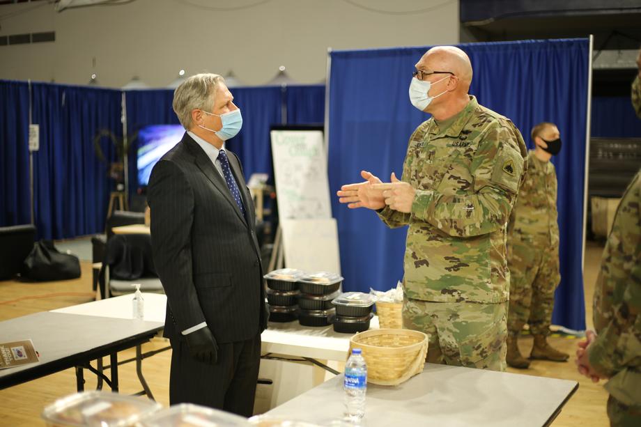March 2021 - Senator Hoeven visits with Chief Warrant Officer Jewett at the DC Armory.