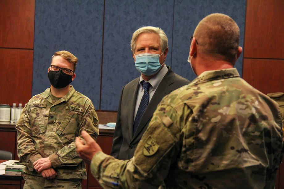 March 2021 - Senator Hoeven hears from North Dakota members of the National Guard in the Capitol Building.