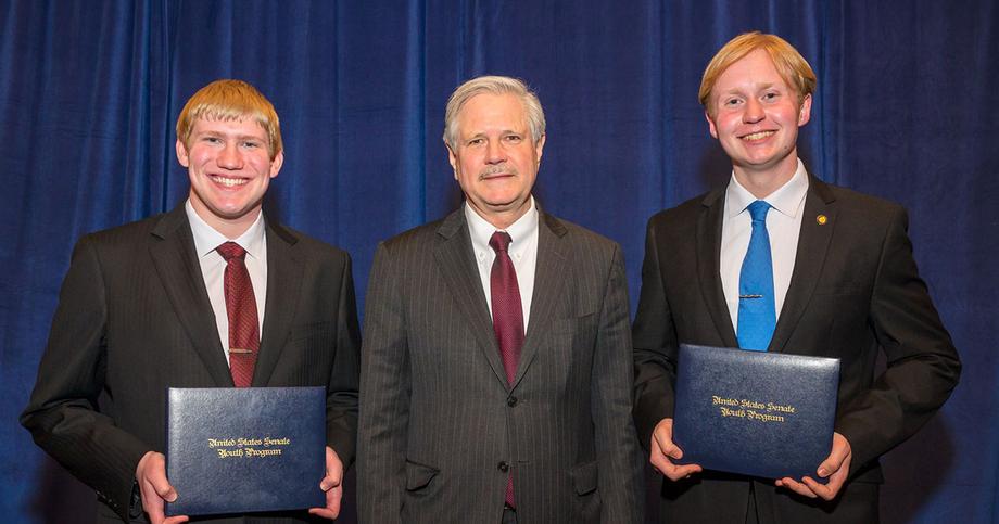 March 2023 - Senator Hoeven meets with Will of Jamestown and Gavin of Hankinson as they represent North Dakota in the Senate Youth Program.