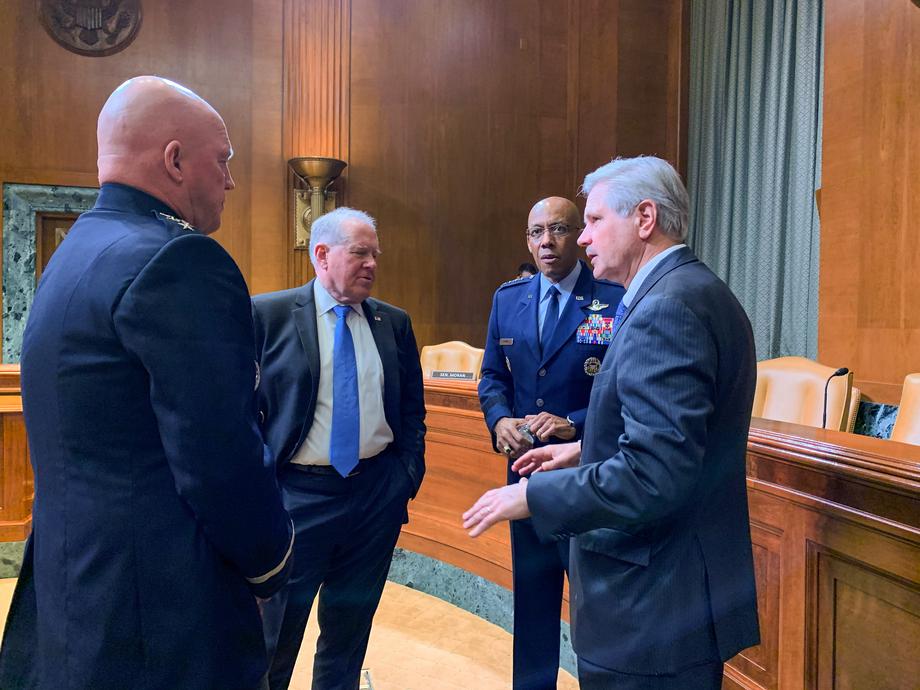 May 2022 – Senator Hoeven speaks with U.S. Space Force Chief John Raymond, Air Force Secretary Frank Kendall and Air Force Chief of Staff General Charles Brown following a SAC-D hearing.